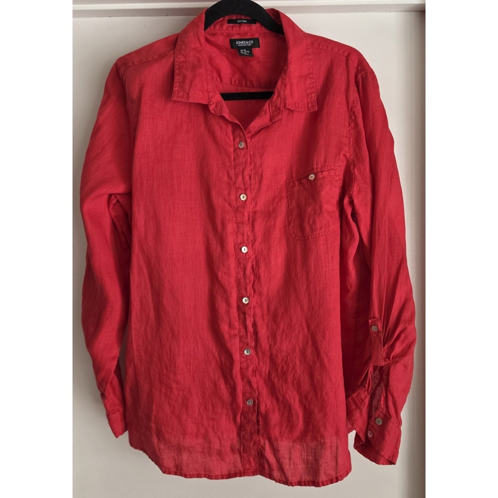 Jones & Co Women XL Red Linen Button-Up Blouse Long Sleeve Top Shirt Classic